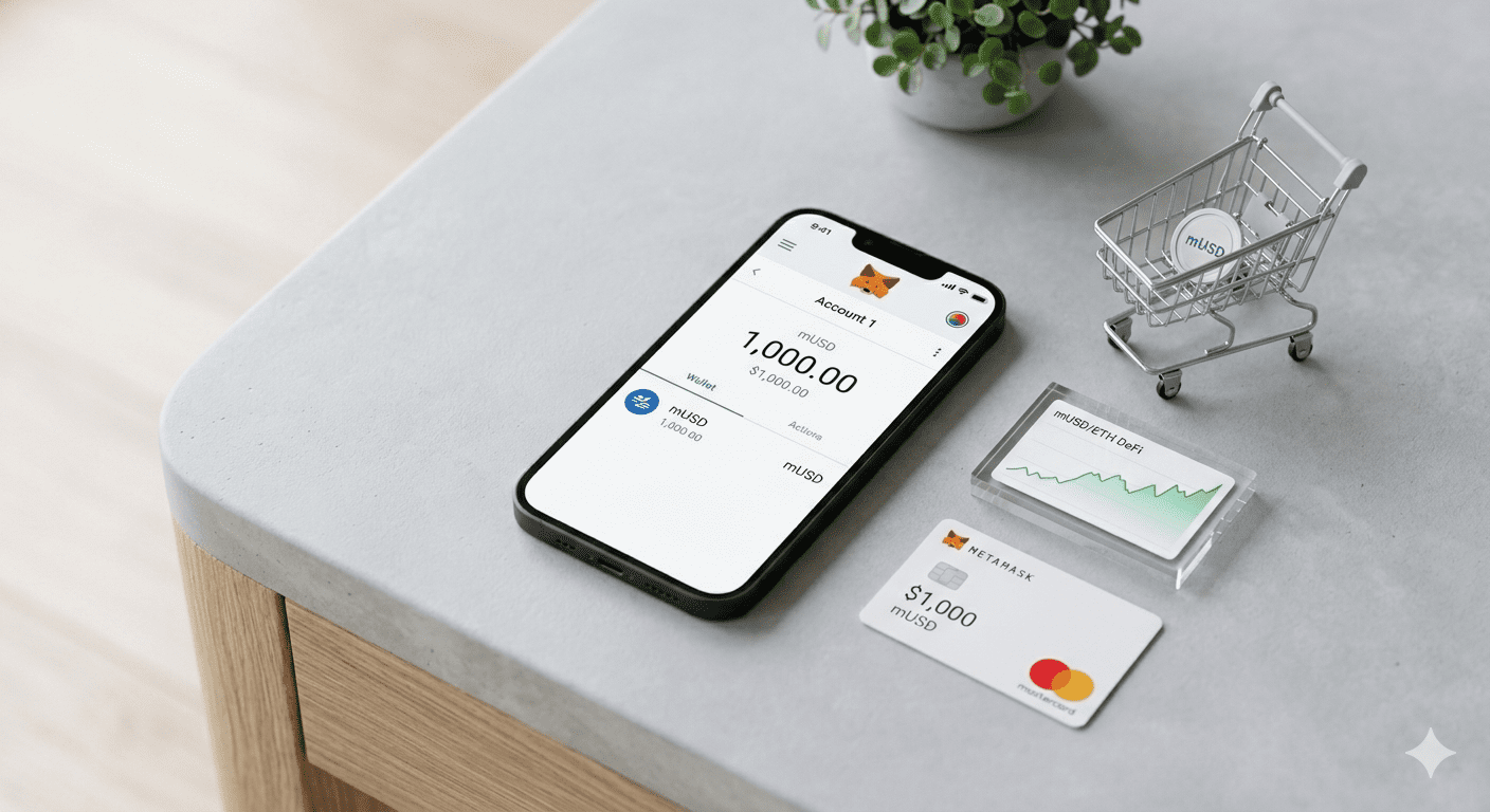 A clean, minimalist scene with a MetaMask wallet interface on a smartphone screen showing a “mUSD” balance of $1,000.