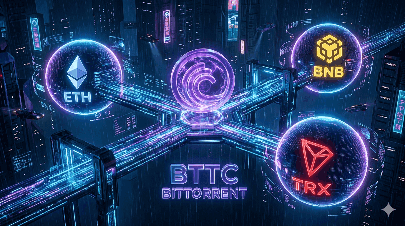 A futuristic, high-tech digital bridge connecting three glowing spheres representing Ethereum, TRON, and BNB Chain, with a 3D BitTorrent logo floating in the center