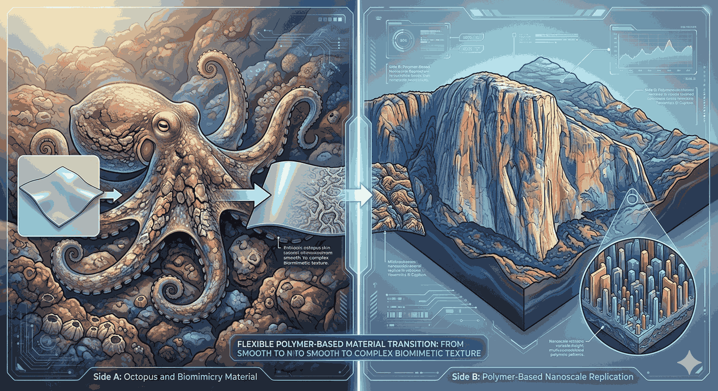 A split-view illustration showing a flexible, polymer-based material transitioning from smooth and flat to a textured, multi-colored pattern