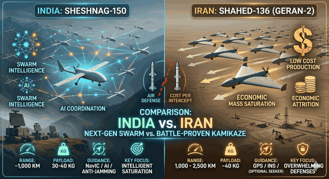 Infographic comparing India's Sheshnag-150 swarm drone and Iran's Shahed-136 kamikaze drone specifications.