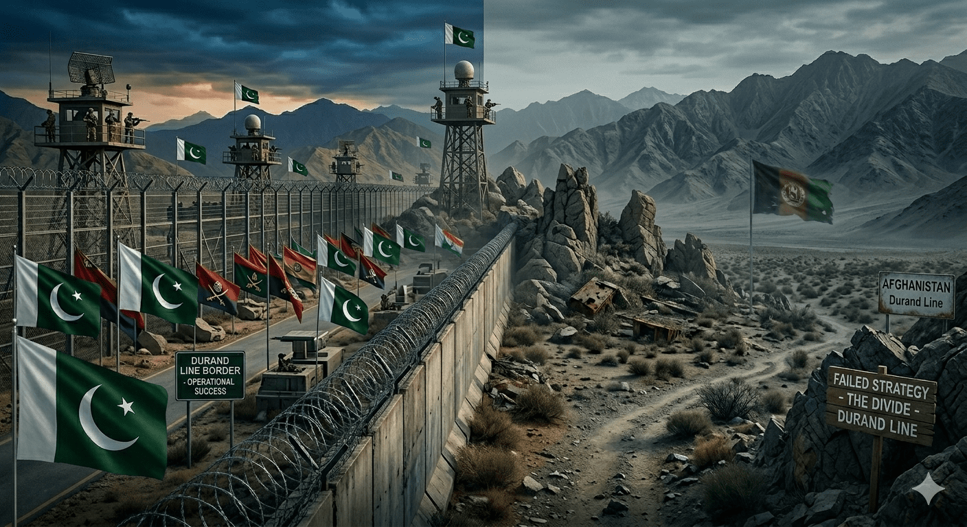 A dramatic split landscape showing the rugged, mountainous Durand