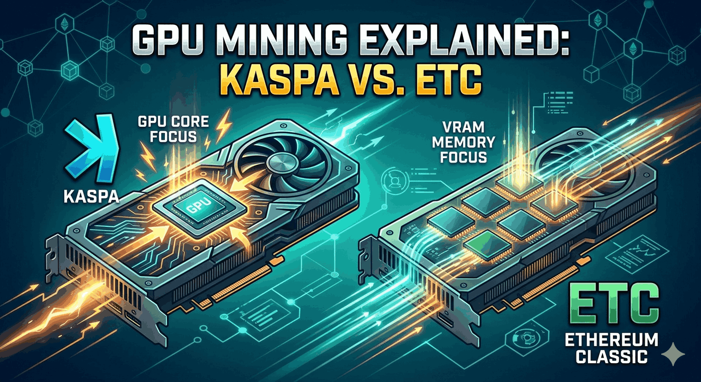 A detailed infographic comparing GPU mining for Kaspa and Ethereum Classic. On the left, a GPU with a glowing central processor highlights "GPU CORE FOCUS" for Kaspa. On the right, a GPU with glowing memory modules highlights "VRAM MEMORY FOCUS" for Ethereum Classic. The background features technical circuit patterns and digital connection lines in a cinematic teal and orange color scheme.