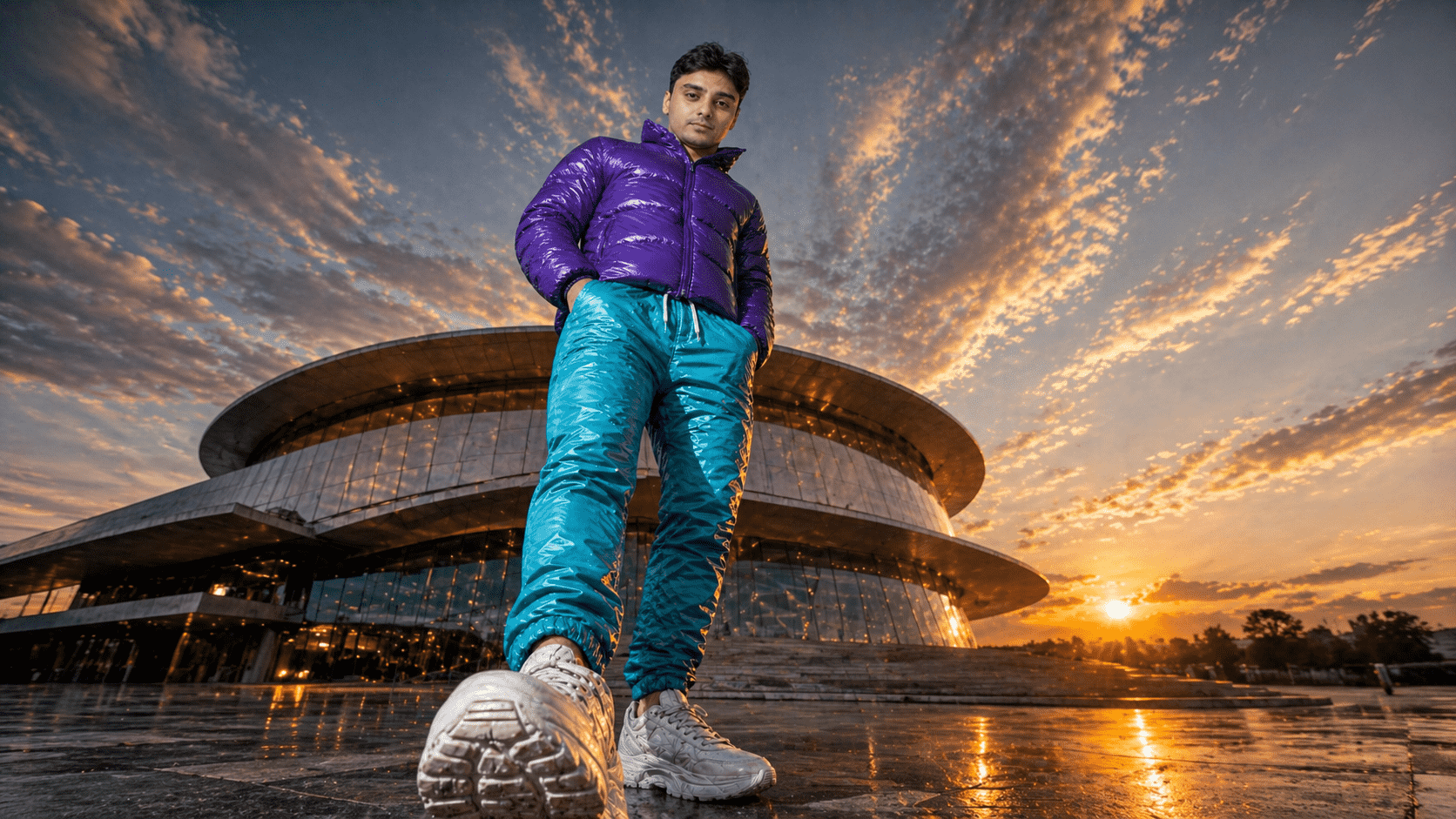 Cinematic Low Angle Fashion Portrait at Sunset
