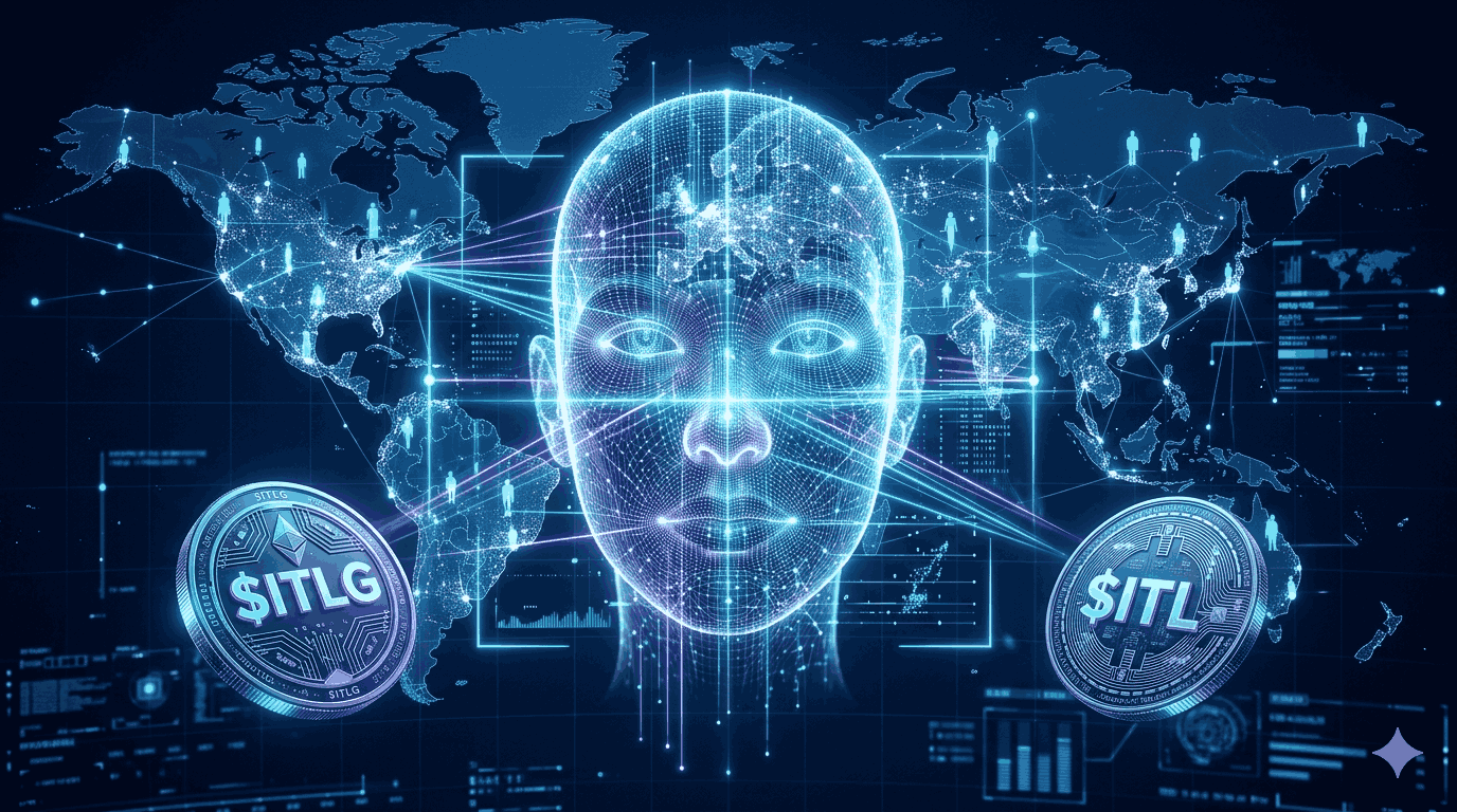 Interlink Network $ITLG and $ITL token roadmap, featuring human-centric blockchain identity and biometric Proof of Personhood scanning.