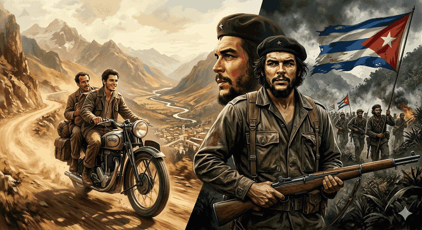 A cinematic, dramatic illustration depicting the life journey of Che Guevara