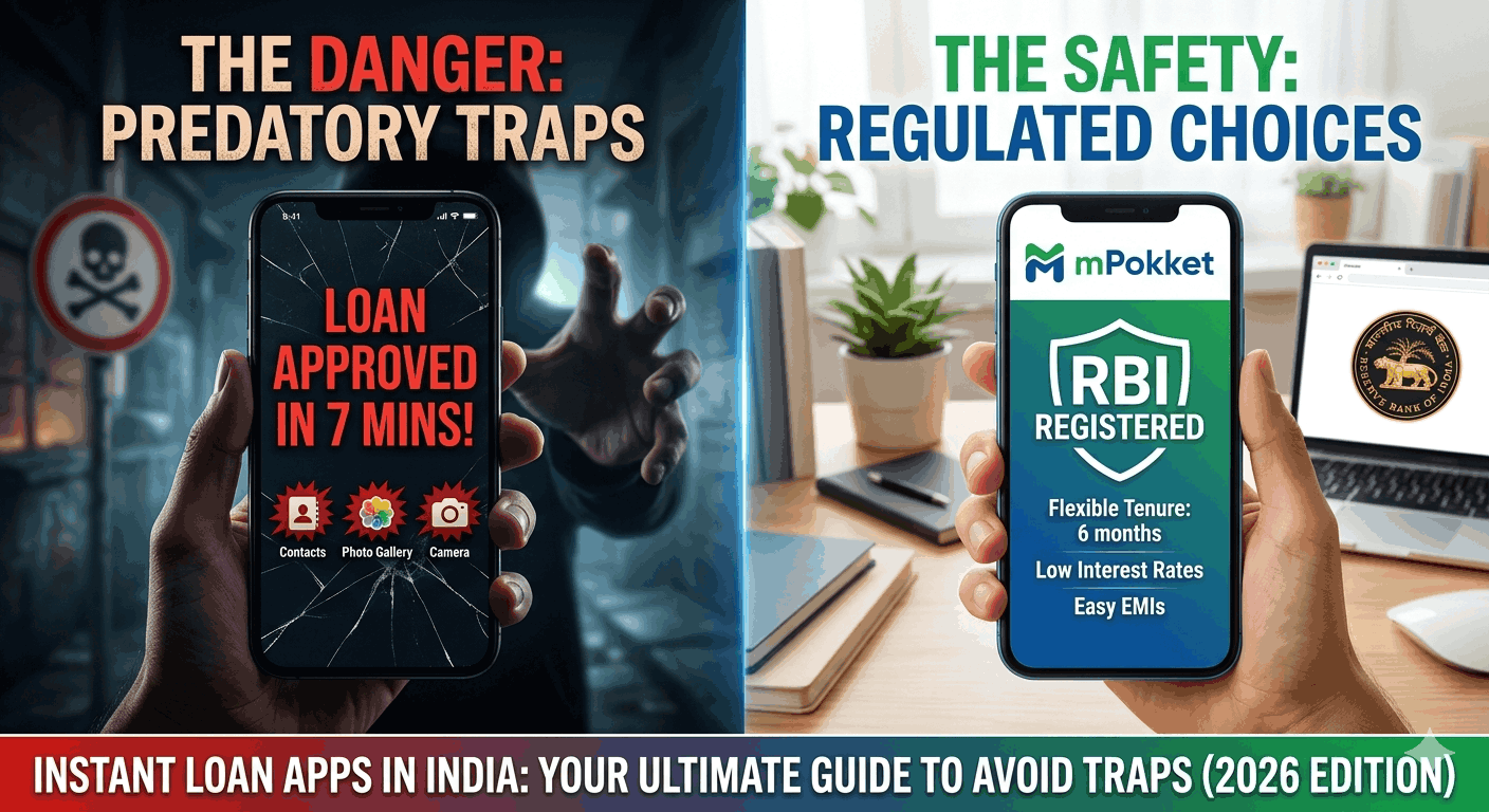 A split-screen comparison of instant loan apps in India.