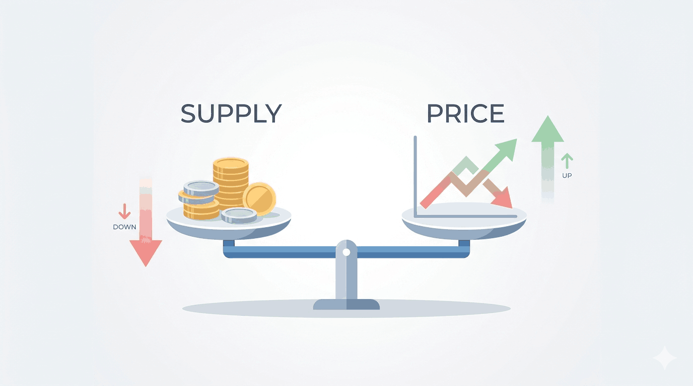 A minimal and modern financial-themed illustration showing a simple balance scale with coins on one side labeled "Supply" and a price chart line on the other side labeled "Price". Soft neutral background (white or light gray), subtle shadows, clean typography, and a small upward and downward arrow integrated into the design. Flat design style, limited color palette (blue, gray, and soft green/red accents), lots of negative space, professional blog aesthetic, 16:9 aspect ratio, high resolution.
