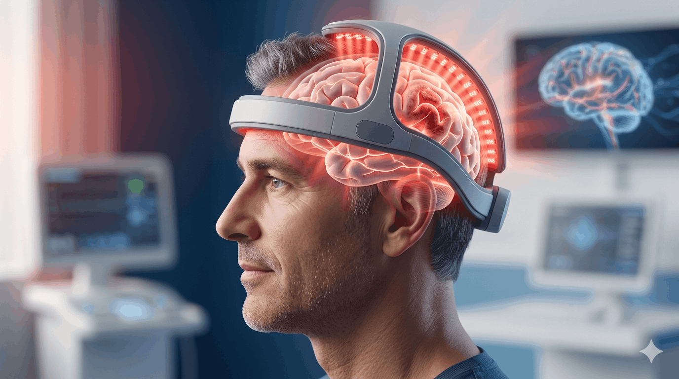 A male patient wearing a futuristic transcranial photobiomodulation headset that emits a soft red light