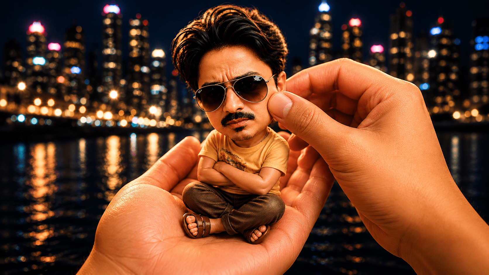 Miniature Big Head Portrait Prompt – Cinematic Hand-Held 3D Character Art in Midjourney & AI